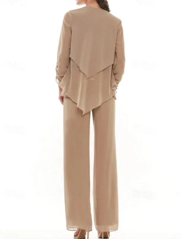 Pantsuit 3 Piece Mother of the Bride Wedding Elegant Crew Neck Floor Length Chiffon Long Sleeve with Lace Ruffles