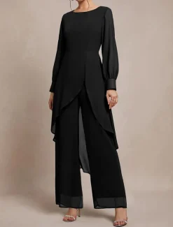 Pantsuit 2 Piece Mother of the Bride Classic Crew Neck Asymmetrical Hem Chiffon Long Sleeve with Solid Color
