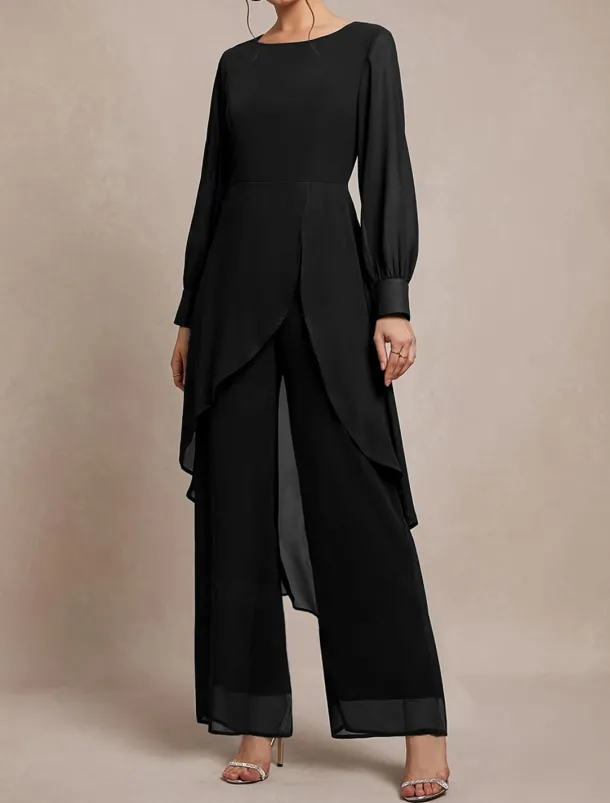 Pantsuit 2 Piece Mother of the Bride Classic Crew Neck Asymmetrical Hem Chiffon Long Sleeve with Solid Color