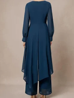 Pantsuit 2 Piece Mother of the Bride Classic Crew Neck Asymmetrical Hem Chiffon Long Sleeve with Solid Color