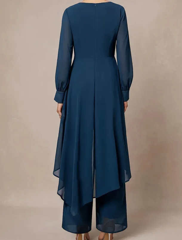 Pantsuit 2 Piece Mother of the Bride Classic Crew Neck Asymmetrical Hem Chiffon Long Sleeve with Solid Color