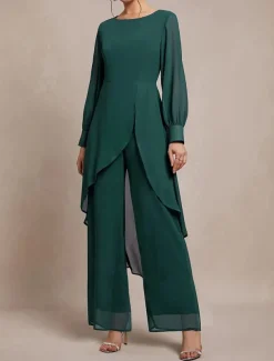 Pantsuit 2 Piece Mother of the Bride Classic Crew Neck Asymmetrical Hem Chiffon Long Sleeve with Solid Color