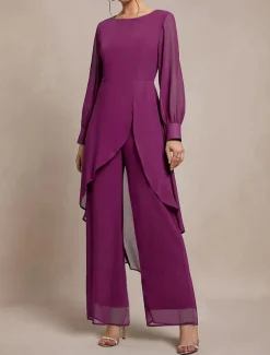Pantsuit 2 Piece Mother of the Bride Classic Crew Neck Asymmetrical Hem Chiffon Long Sleeve with Solid Color