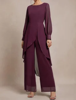 Pantsuit 2 Piece Mother of the Bride Classic Crew Neck Asymmetrical Hem Chiffon Long Sleeve with Solid Color