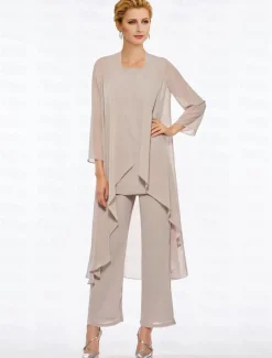 Pantsuit 3 Piece Mother of the Bride Elegant Plus Size Floor Length Chiffon Sleeveless Wrap Included with Solid Color to impress free custom size