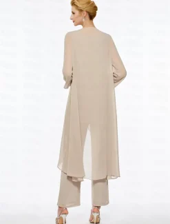 Pantsuit 3 Piece Mother of the Bride Elegant Plus Size Floor Length Chiffon Sleeveless Wrap Included with Solid Color to impress free custom size