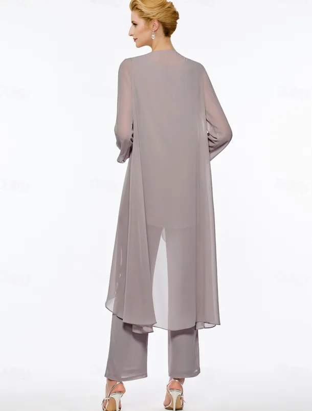 Pantsuit 3 Piece Mother of the Bride Elegant Plus Size Floor Length Chiffon Sleeveless Wrap Included with Solid Color to impress free custom size