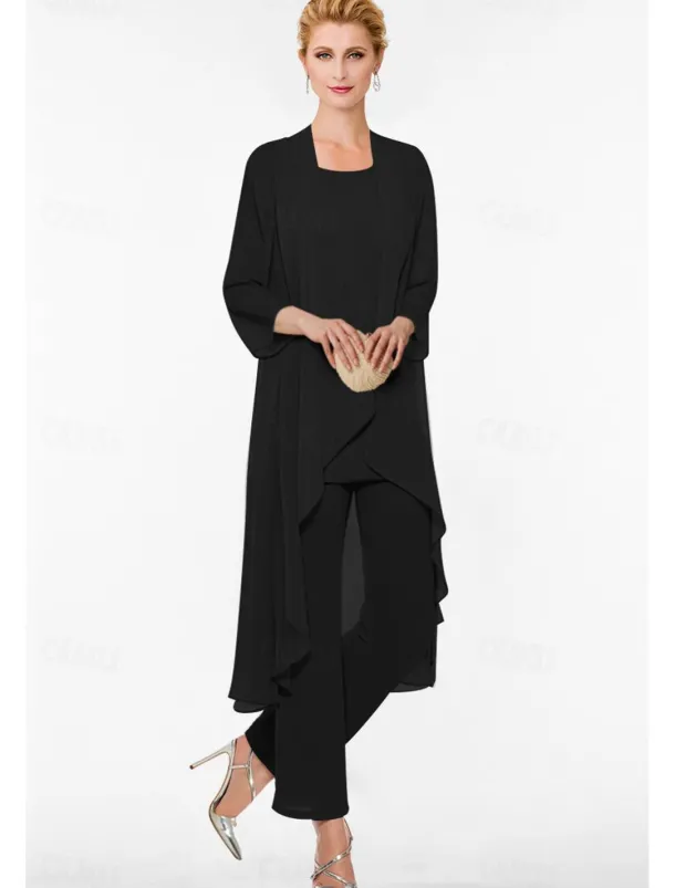 Pantsuit 3 Piece Mother of the Bride Elegant Plus Size Floor Length Chiffon Sleeveless Wrap Included with Solid Color to impress free custom size