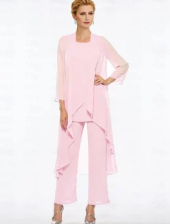Pantsuit 3 Piece Mother of the Bride Elegant Plus Size Floor Length Chiffon Sleeveless Wrap Included with Solid Color to impress free custom size