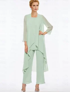 Pantsuit 3 Piece Mother of the Bride Elegant Plus Size Floor Length Chiffon Sleeveless Wrap Included with Solid Color to impress free custom size
