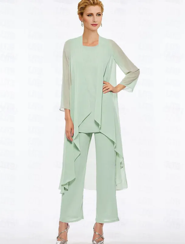 Pantsuit 3 Piece Mother of the Bride Elegant Plus Size Floor Length Chiffon Sleeveless Wrap Included with Solid Color to impress free custom size