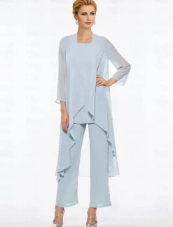 Pantsuit 3 Piece Mother of the Bride Elegant Plus Size Floor Length Chiffon Sleeveless Wrap Included with Solid Color to impress free custom size