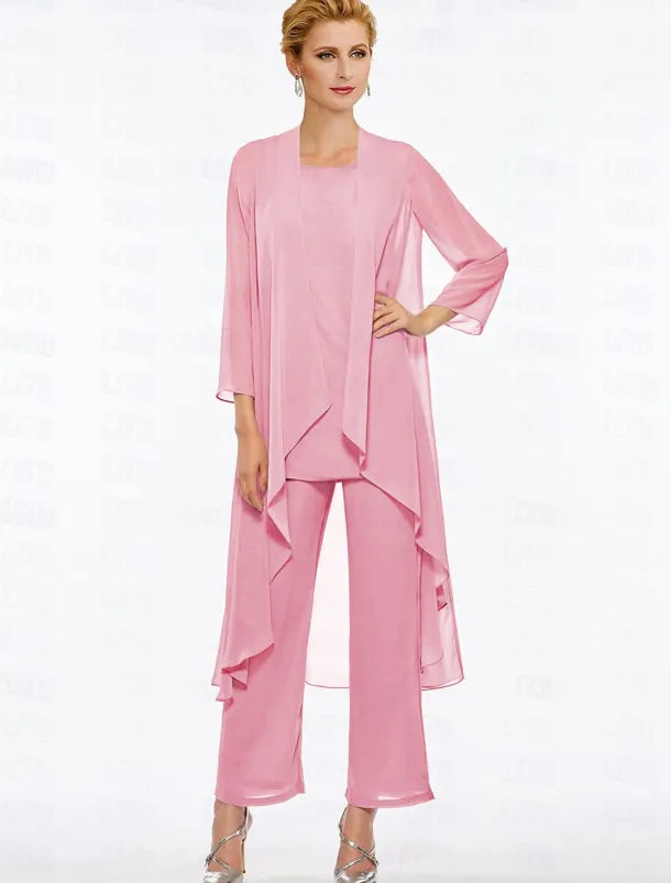 Pantsuit 3 Piece Mother of the Bride Elegant Plus Size Floor Length Chiffon Sleeveless Wrap Included with Solid Color to impress free custom size