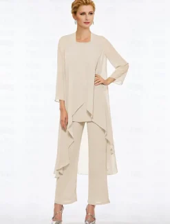 Pantsuit 3 Piece Mother of the Bride Elegant Plus Size Floor Length Chiffon Sleeveless Wrap Included with Solid Color to impress free custom size
