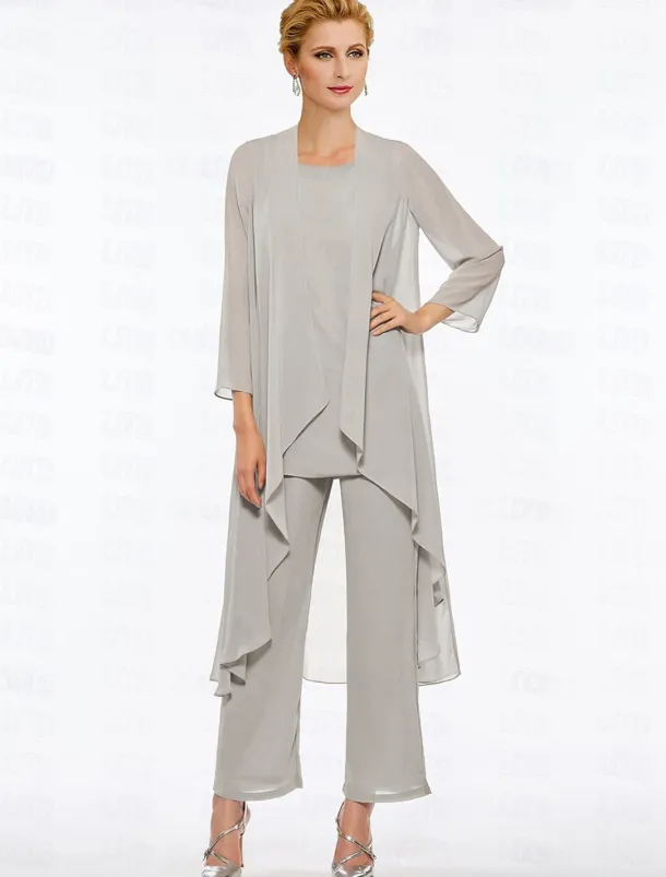 Pantsuit 3 Piece Mother of the Bride Elegant Plus Size Floor Length Chiffon Sleeveless Wrap Included with Solid Color to impress free custom size