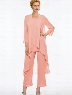 Pantsuit 3 Piece Mother of the Bride Elegant Plus Size Floor Length Chiffon Sleeveless Wrap Included with Solid Color to impress free custom size