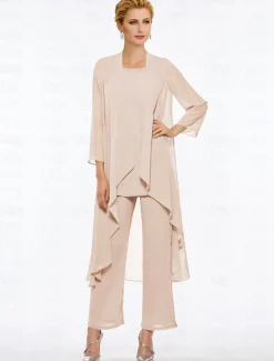 Pantsuit 3 Piece Mother of the Bride Elegant Plus Size Floor Length Chiffon Sleeveless Wrap Included with Solid Color to impress free custom size