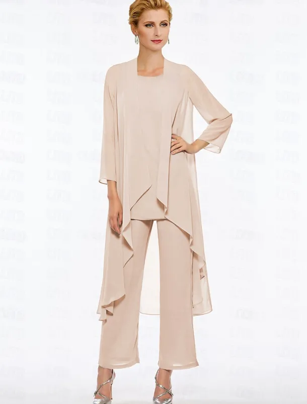 Pantsuit 3 Piece Mother of the Bride Elegant Plus Size Floor Length Chiffon Sleeveless Wrap Included with Solid Color to impress free custom size