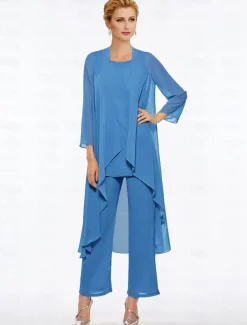 Pantsuit 3 Piece Mother of the Bride Elegant Plus Size Floor Length Chiffon Sleeveless Wrap Included with Solid Color to impress free custom size