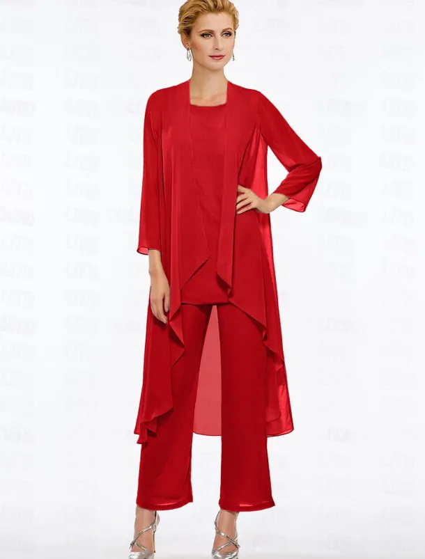 Pantsuit 3 Piece Mother of the Bride Elegant Plus Size Floor Length Chiffon Sleeveless Wrap Included with Solid Color to impress free custom size