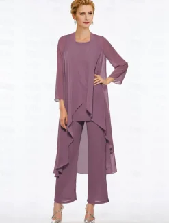 Pantsuit 3 Piece Mother of the Bride Elegant Plus Size Floor Length Chiffon Sleeveless Wrap Included with Solid Color to impress free custom size
