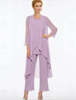 Pantsuit 3 Piece Mother of the Bride Elegant Plus Size Floor Length Chiffon Sleeveless Wrap Included with Solid Color to impress free custom size