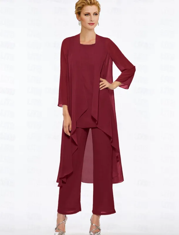 Pantsuit 3 Piece Mother of the Bride Elegant Plus Size Floor Length Chiffon Sleeveless Wrap Included with Solid Color to impress free custom size