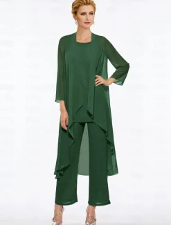 Pantsuit 3 Piece Mother of the Bride Elegant Plus Size Floor Length Chiffon Sleeveless Wrap Included with Solid Color to impress free custom size