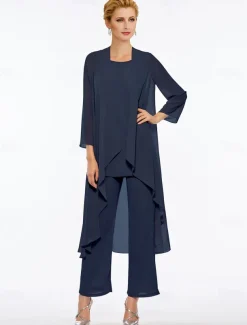Pantsuit 3 Piece Mother of the Bride Elegant Plus Size Floor Length Chiffon Sleeveless Wrap Included with Solid Color to impress free custom size