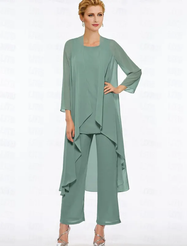 Pantsuit 3 Piece Mother of the Bride Elegant Plus Size Floor Length Chiffon Sleeveless Wrap Included with Solid Color to impress free custom size