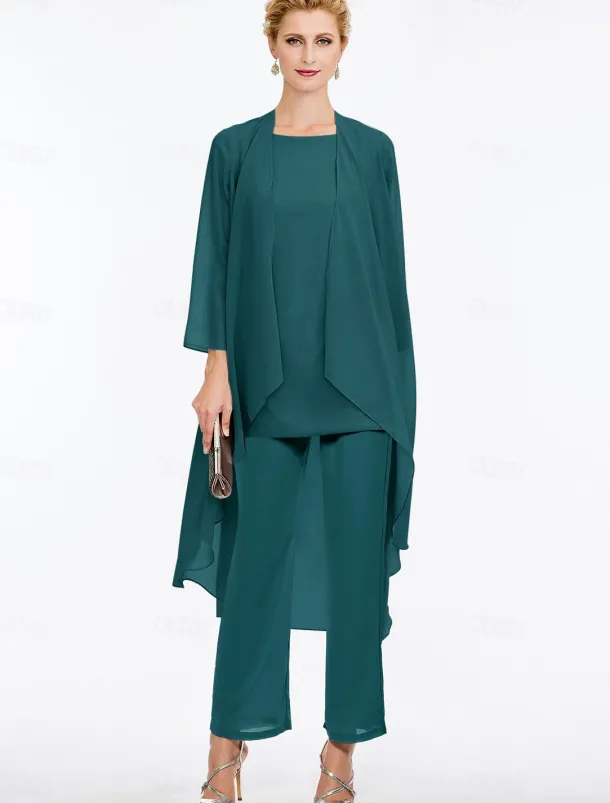 Pantsuit 3 Piece Mother of the Bride Elegant Plus Size Floor Length Chiffon Sleeveless Wrap Included with Solid Color to impress free custom size