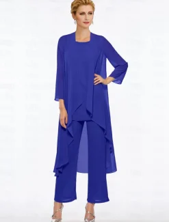 Pantsuit 3 Piece Mother of the Bride Elegant Plus Size Floor Length Chiffon Sleeveless Wrap Included with Solid Color to impress free custom size