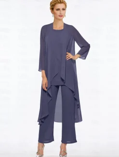 Pantsuit 3 Piece Mother of the Bride Elegant Plus Size Floor Length Chiffon Sleeveless Wrap Included with Solid Color to impress free custom size