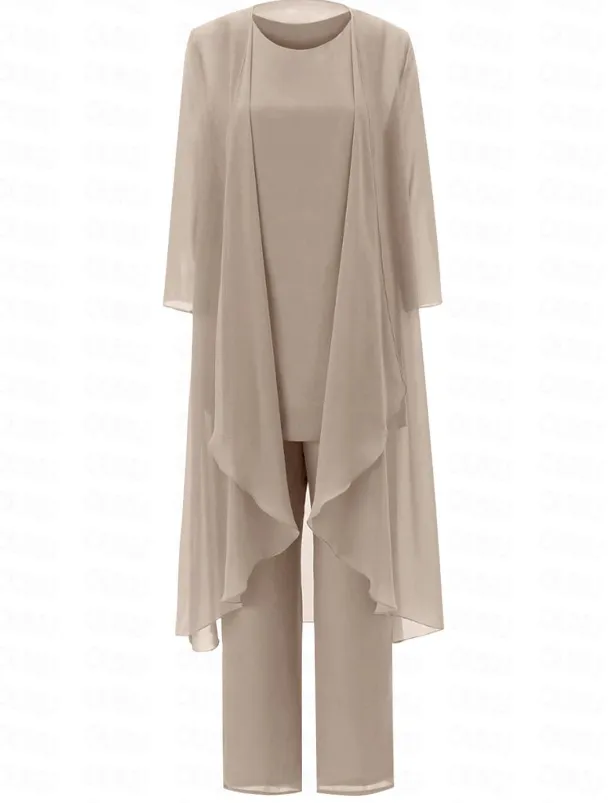 Pantsuit 3 Piece Mother of the Bride Elegant Plus Size Floor Length Chiffon Sleeveless Wrap Included with Solid Color to impress free custom size