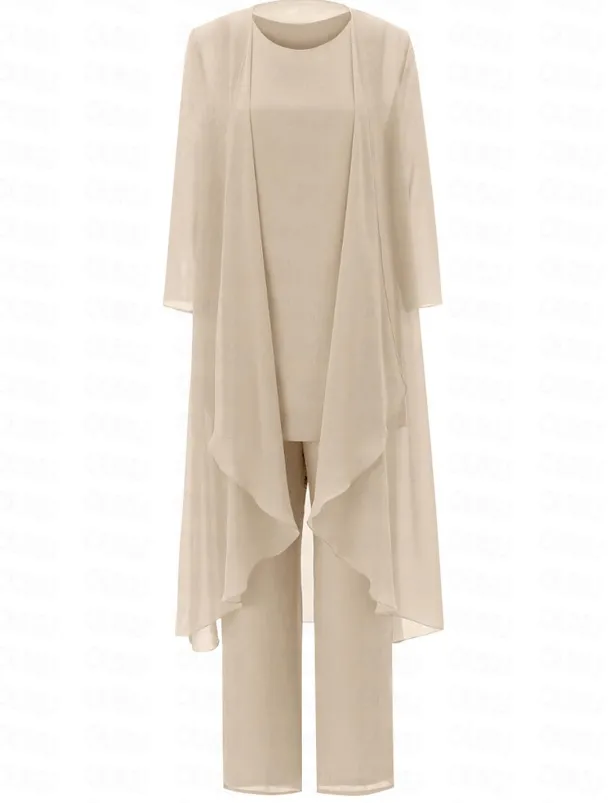 Pantsuit 3 Piece Mother of the Bride Elegant Plus Size Floor Length Chiffon Sleeveless Wrap Included with Solid Color to impress free custom size