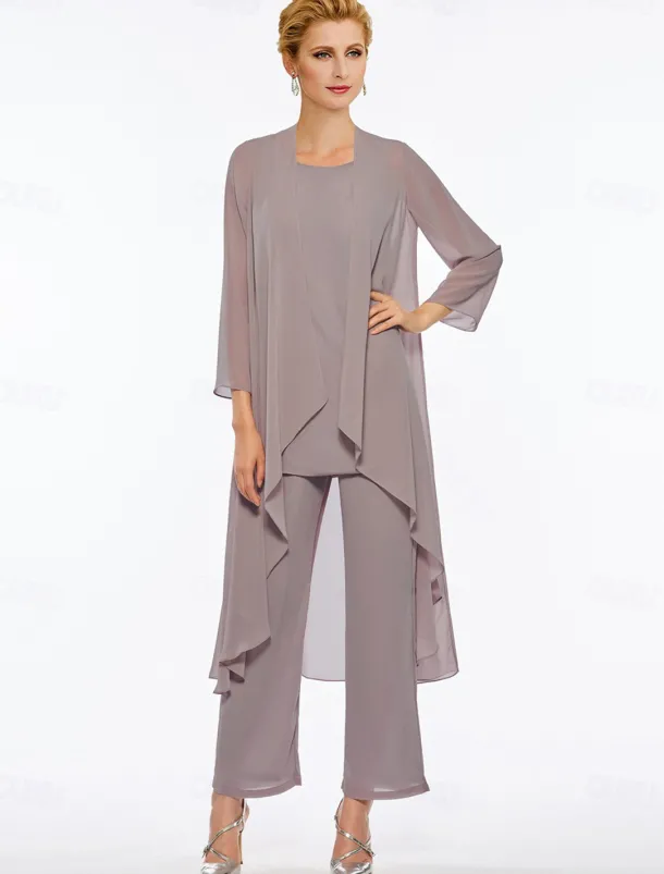 Pantsuit 3 Piece Mother of the Bride Elegant Plus Size Floor Length Chiffon Sleeveless Wrap Included with Solid Color to impress free custom size