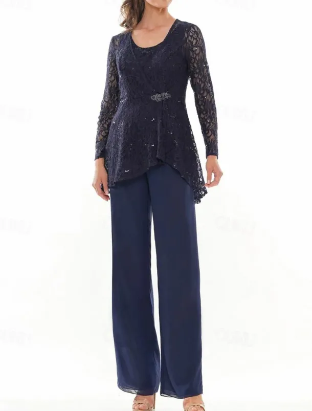 Pantsuit 3 Piece Mother of the Bride Dress Elegant Crew Neck Floor Length Chiffon Long Sleeve with Lace Ruffles