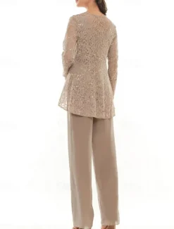 Pantsuit 3 Piece Mother of the Bride Dress Elegant Crew Neck Floor Length Chiffon Long Sleeve with Lace Ruffles