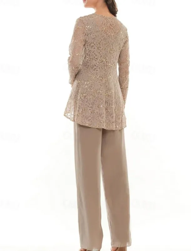 Pantsuit 3 Piece Mother of the Bride Dress Elegant Crew Neck Floor Length Chiffon Long Sleeve with Lace Ruffles