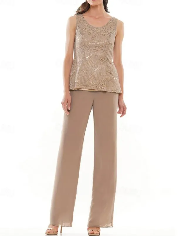 Pantsuit 3 Piece Mother of the Bride Dress Elegant Crew Neck Floor Length Chiffon Long Sleeve with Lace Ruffles