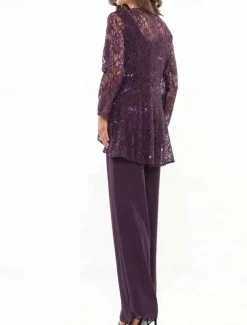 Pantsuit 3 Piece Mother of the Bride Dress Elegant Crew Neck Floor Length Chiffon Long Sleeve with Lace Ruffles