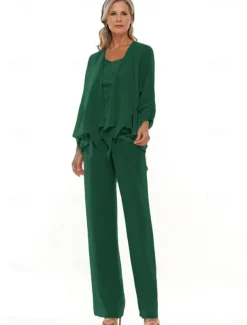 Pantsuit 3 Piece Mother of the Bride Dress Elegant Crew Neck Floor Length Chiffon Long Sleeve with Lace Ruffles