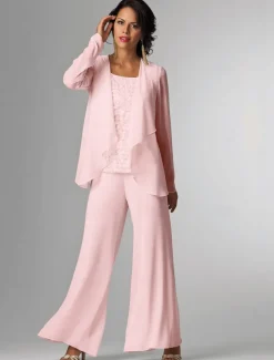 Pantsuit 3 Piece Mother of the Bride Formal Wedding Guest Elegant Plus Size Wrap Floor Length Chiffon Sleeveless with Lace free custom size
