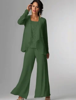 Pantsuit 3 Piece Mother of the Bride Formal Wedding Guest Elegant Plus Size Wrap Floor Length Chiffon Sleeveless with Lace free custom size