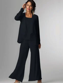 Pantsuit 3 Piece Mother of the Bride Formal Wedding Guest Elegant Plus Size Wrap Floor Length Chiffon Sleeveless with Lace free custom size