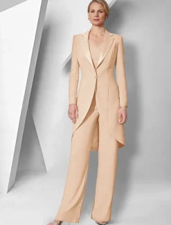 Pantsuit 3 Piece Mother of the Bride Elegant V Neck Floor Length Stretch Fabric Long Sleeve Wrap Included with Solid Color