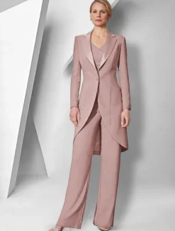 Pantsuit 3 Piece Mother of the Bride Elegant V Neck Floor Length Stretch Fabric Long Sleeve Wrap Included with Solid Color