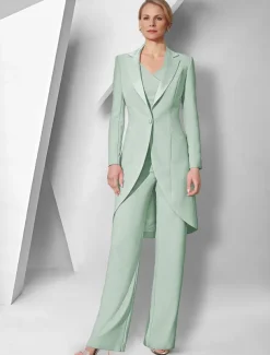 Pantsuit 3 Piece Mother of the Bride Elegant V Neck Floor Length Stretch Fabric Long Sleeve Wrap Included with Solid Color