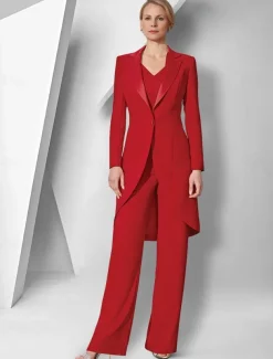 Pantsuit 3 Piece Mother of the Bride Elegant V Neck Floor Length Stretch Fabric Long Sleeve Wrap Included with Solid Color