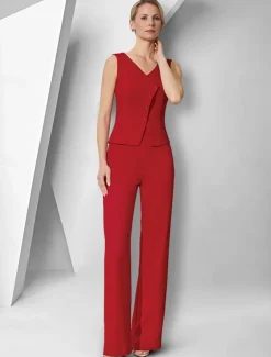 Pantsuit 3 Piece Mother of the Bride Elegant V Neck Floor Length Stretch Fabric Long Sleeve Wrap Included with Solid Color